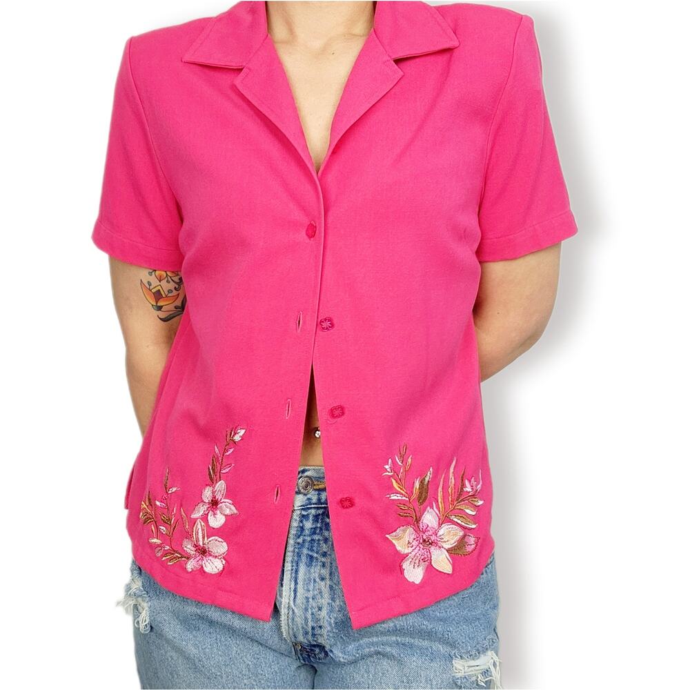 Vintage Koret Floral Embroidered Short Sleeve Blouse Button Up 8 - Picture 1 of 10